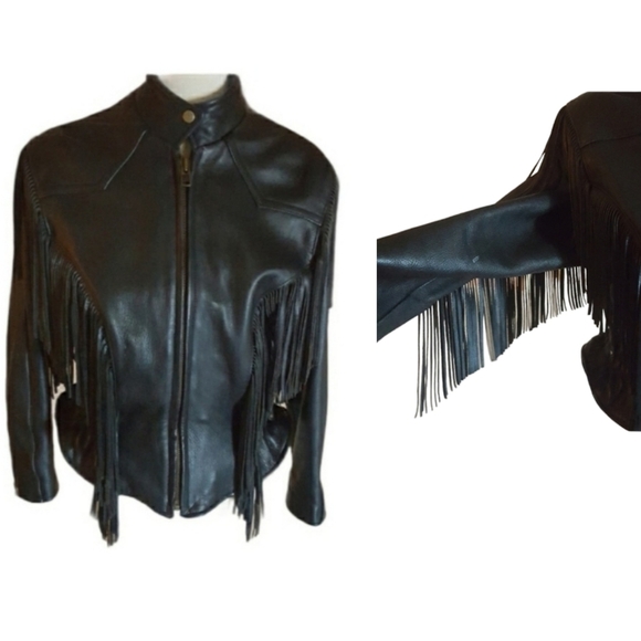 Black Leather Fringe Moto Biker Vintage Jacket with Silver Hardware